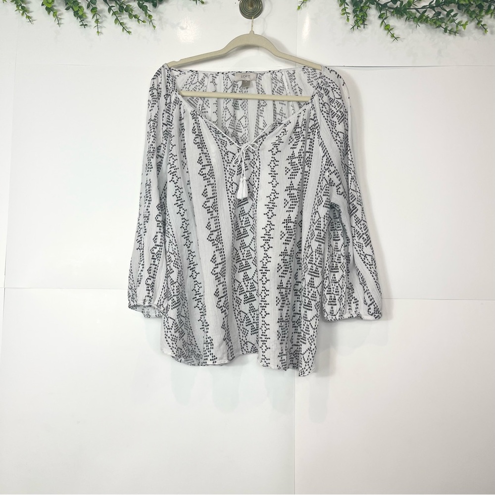 LOFT Gauzy Cotton Long Sleeve Peasant Top White Black XL XLarge Tie Neck Boho